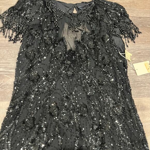 A.J. Bari 90's Black Beaded Vintage Open Back Flapper Dress size 14 - Picture 15 of 16